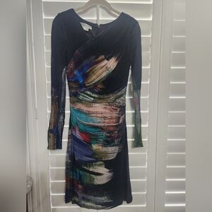 Kay Unger Multicolor Brushstroke Long Sleeve Dress